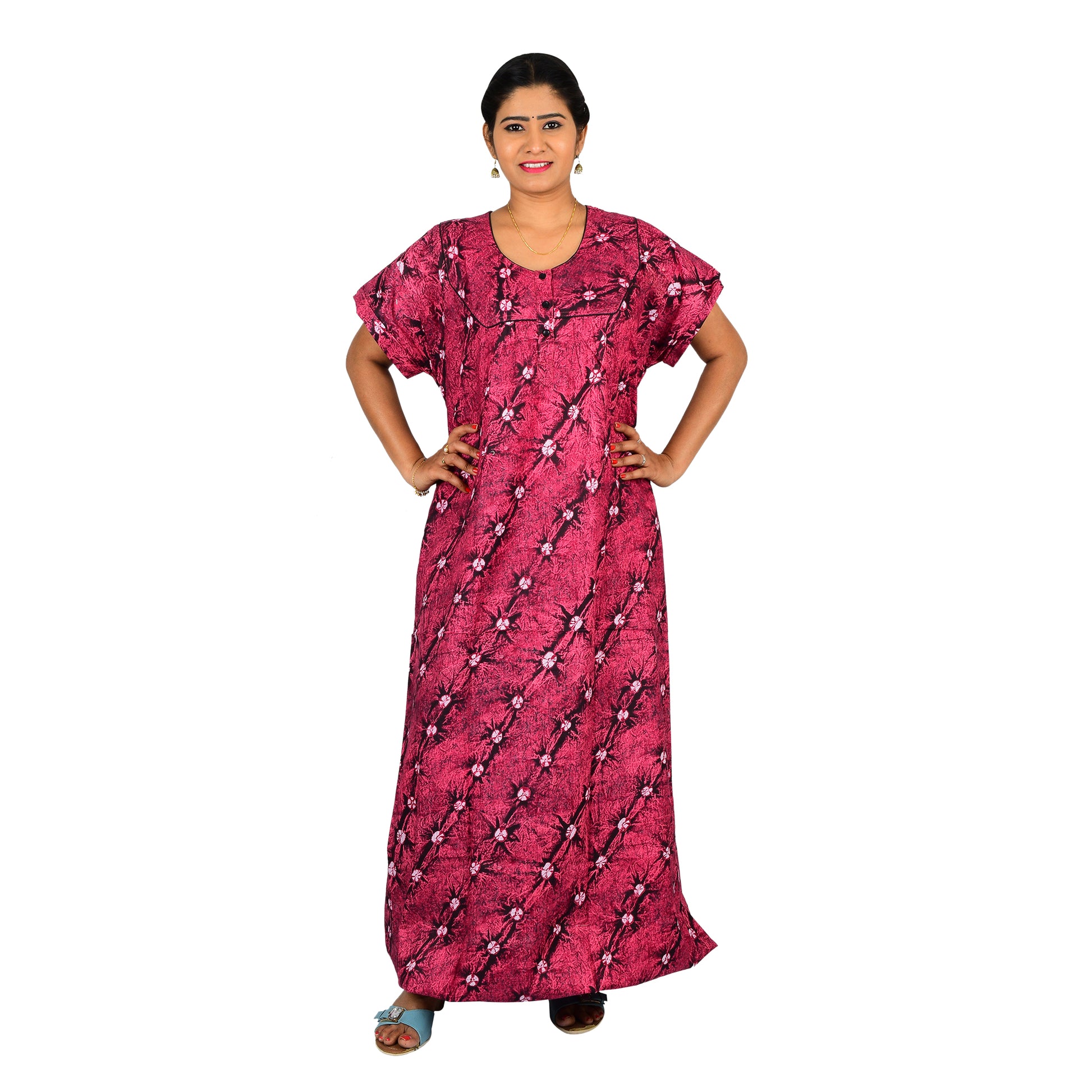 Printed Cotton Nighty For Women - Pink