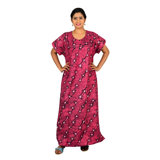 Printed Cotton Nighty For Women - Pink