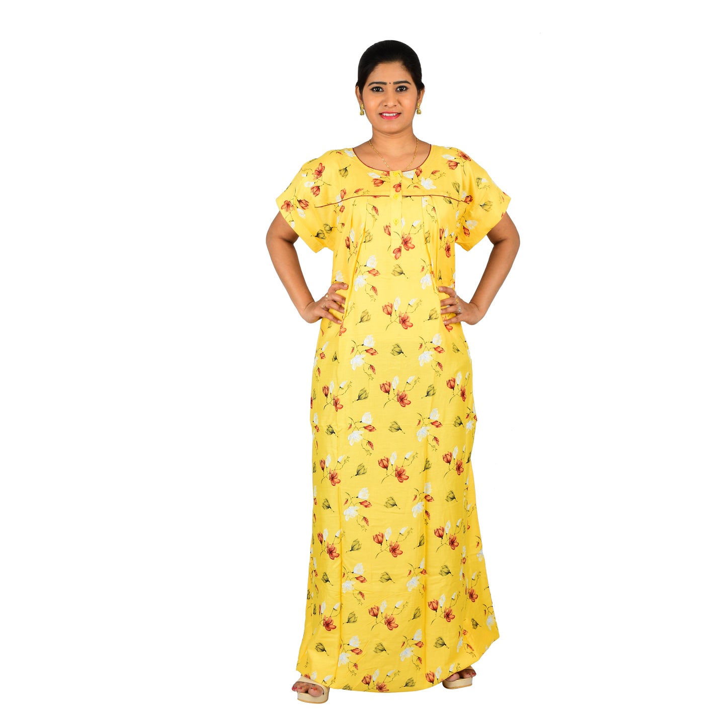 Printed Rayon Nighty For Women - Yellow