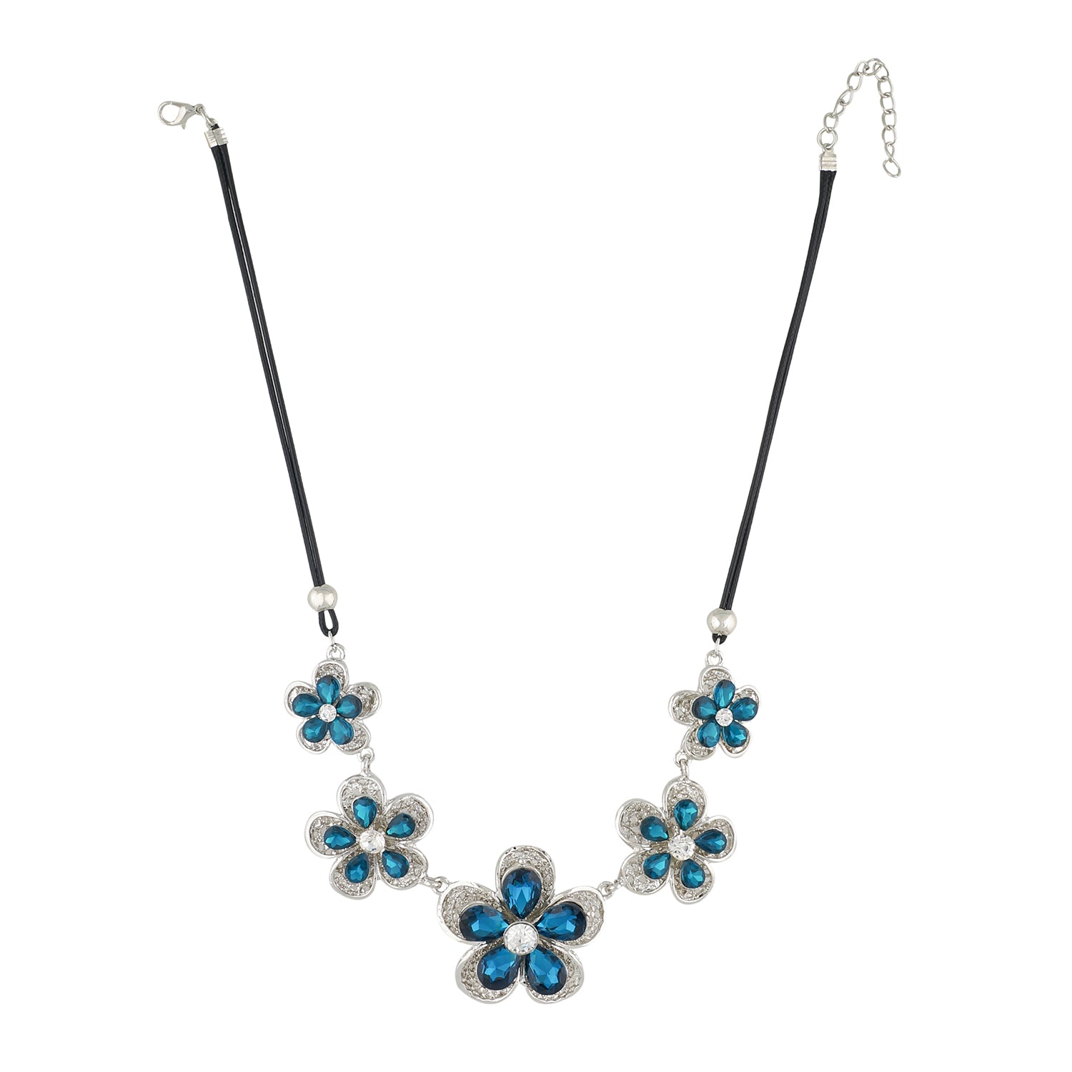 Silver and Blue Coloured stones studded Floral  Necklace For Girls and Women