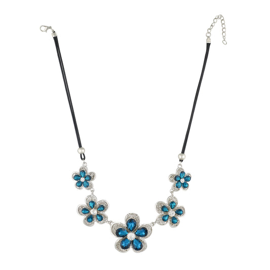 Silver and Blue Coloured stones studded Floral  Necklace For Girls and Women