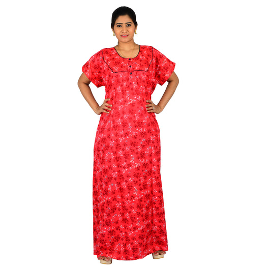 Printed Cotton Nighty For Women - Red
