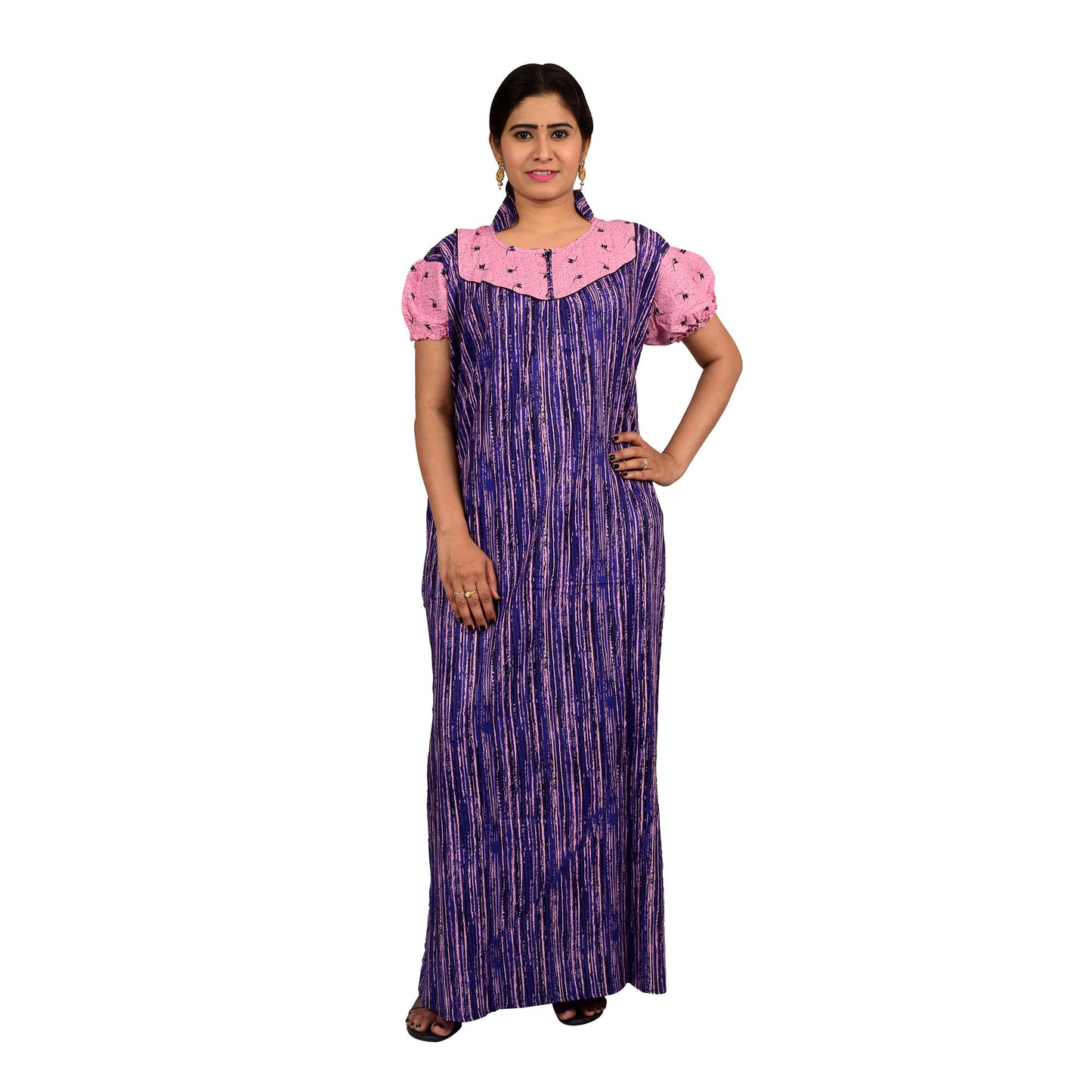 Printed Cotton Nighty For Women - Pink