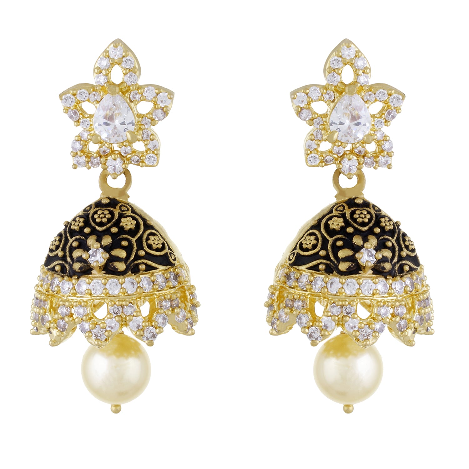 Stylish Black Antique Gold Plated CZ Copper Jhumki with Pearl Hanging for Ladies and Girls