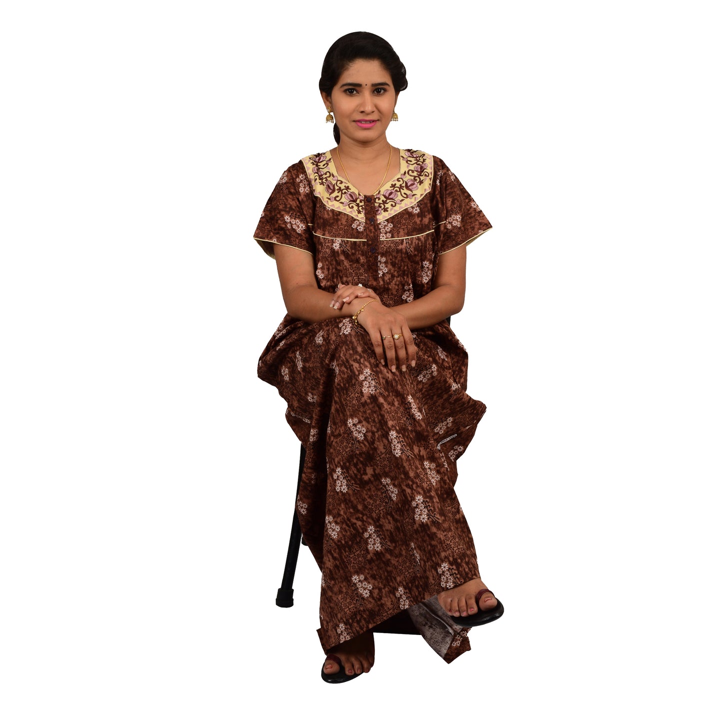 Embroidery Printed Cotton Nighty For Women - Brown