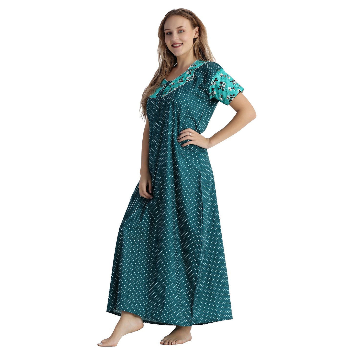 Printed Cotton Nighty For Women - Green