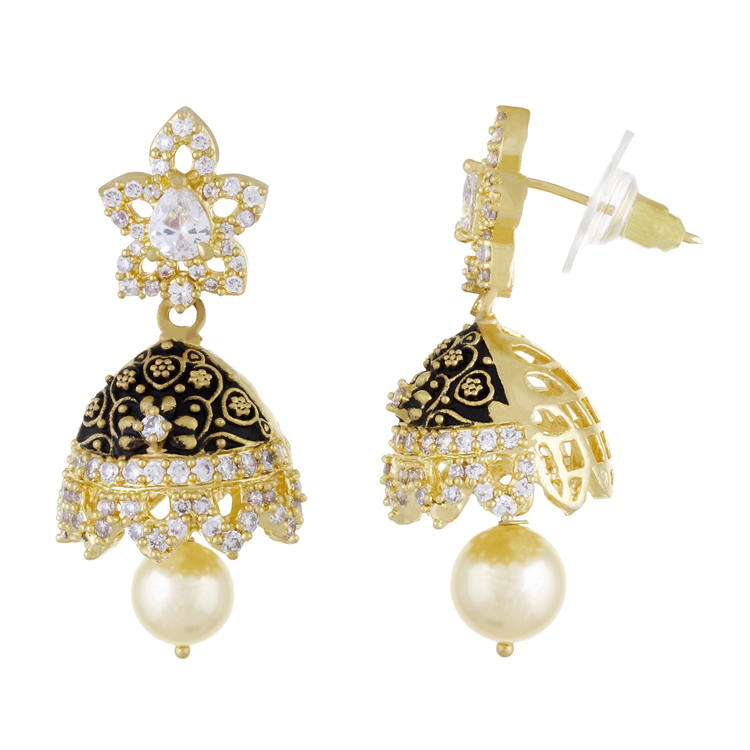 Stylish Black Antique Gold Plated CZ Copper Jhumki with Pearl Hanging for Ladies and Girls
