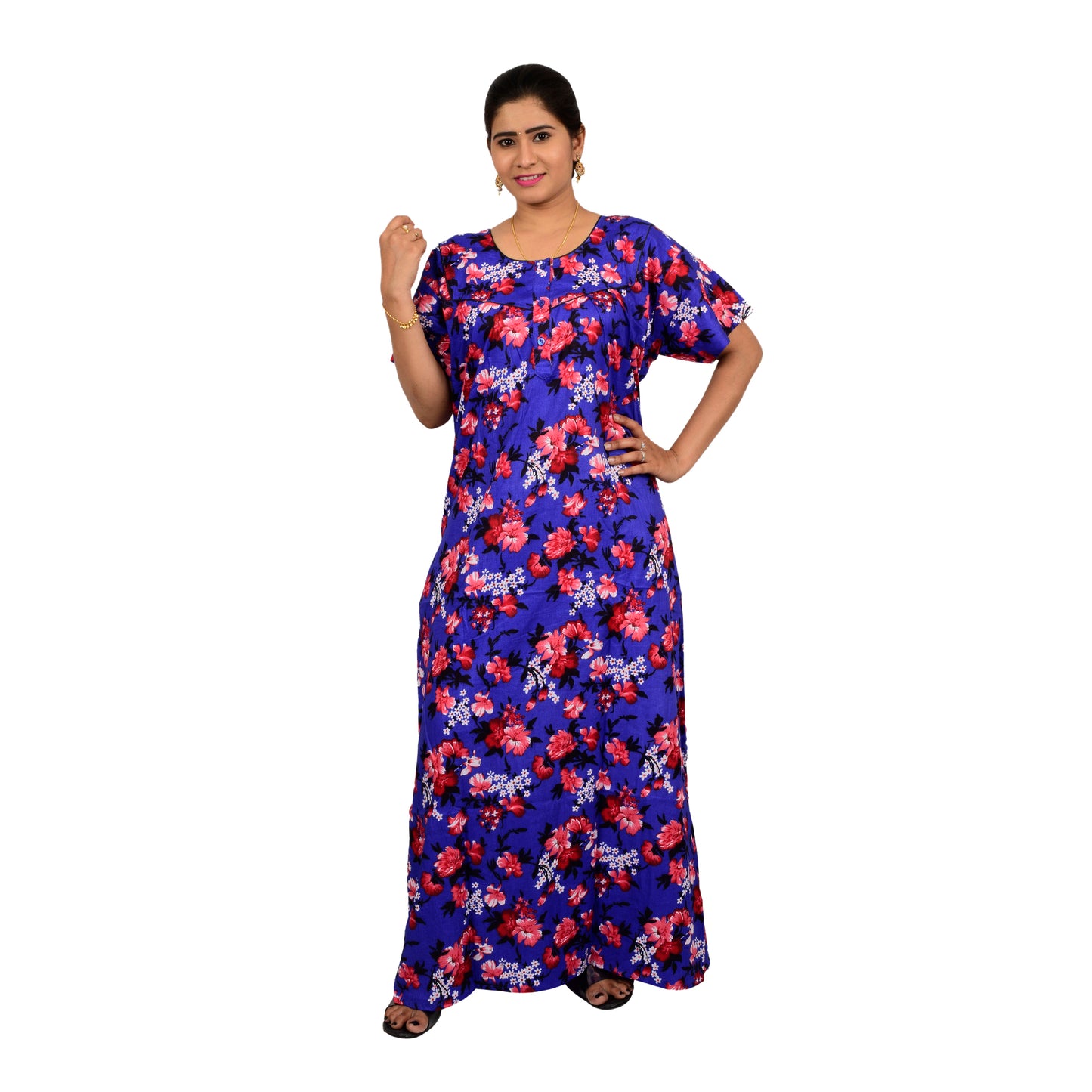 Printed Cotton Nighty For Women - Blue