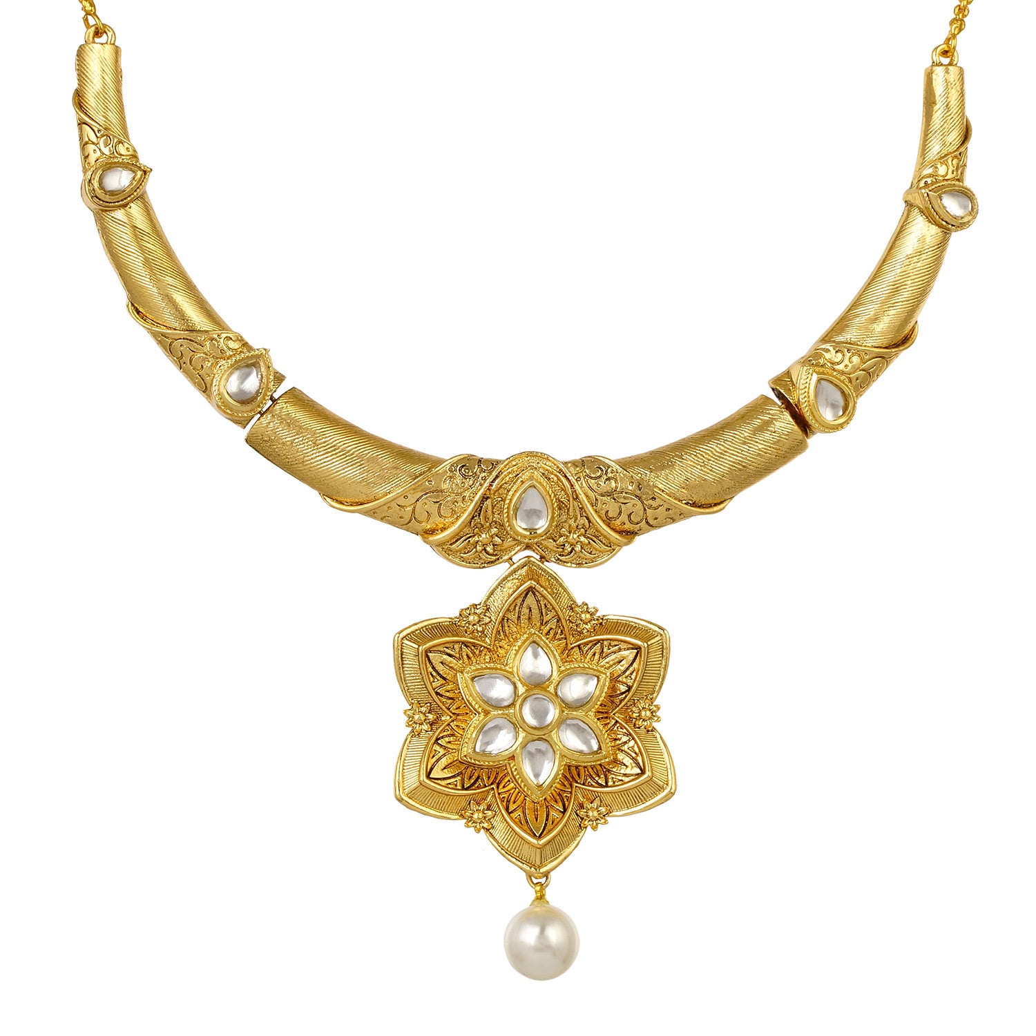 Gold Plated Kundan Necklace and Earrings Imitation Jewelry Set for Women and Girls