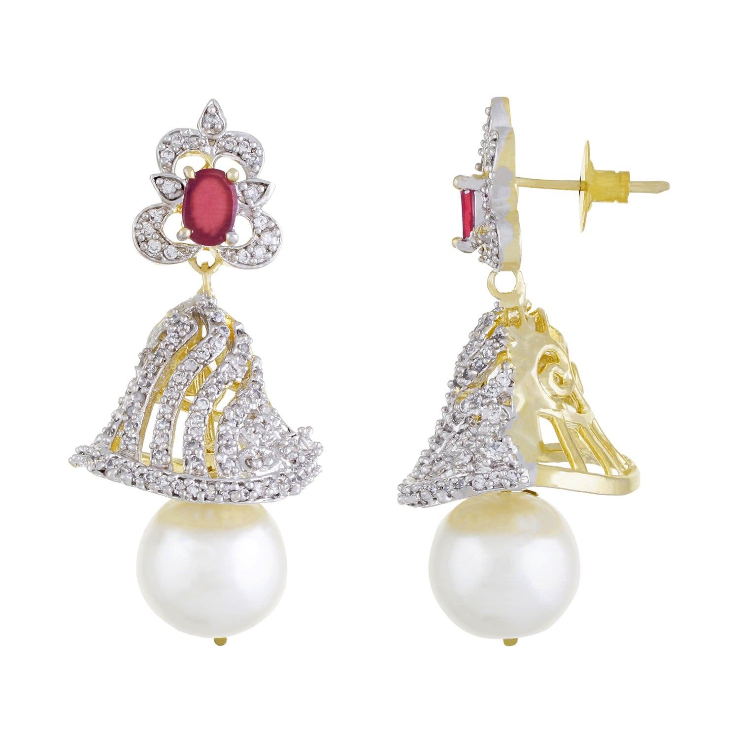 Designer Rodhium Plated CZ Copper Jhumki with Pearl Hanging for Ladies and Girls