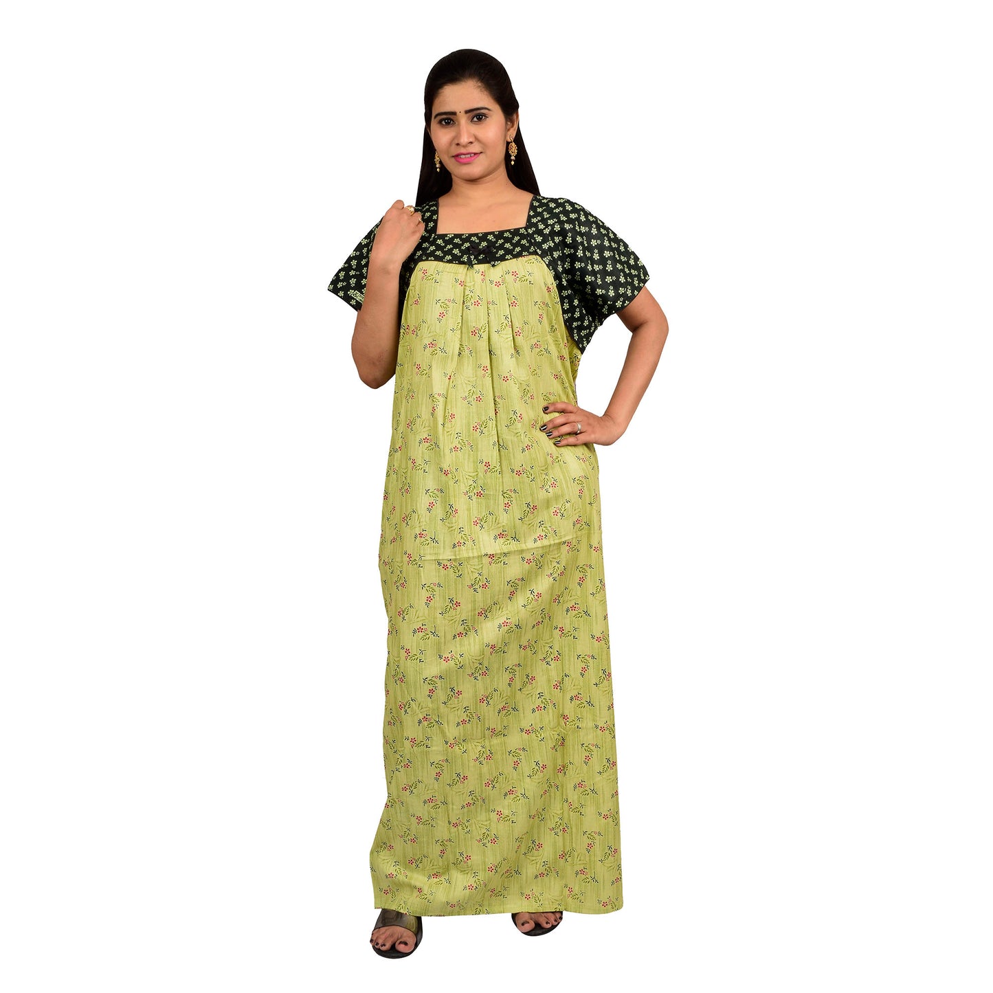 Printed Cotton Nighty For Women - Green