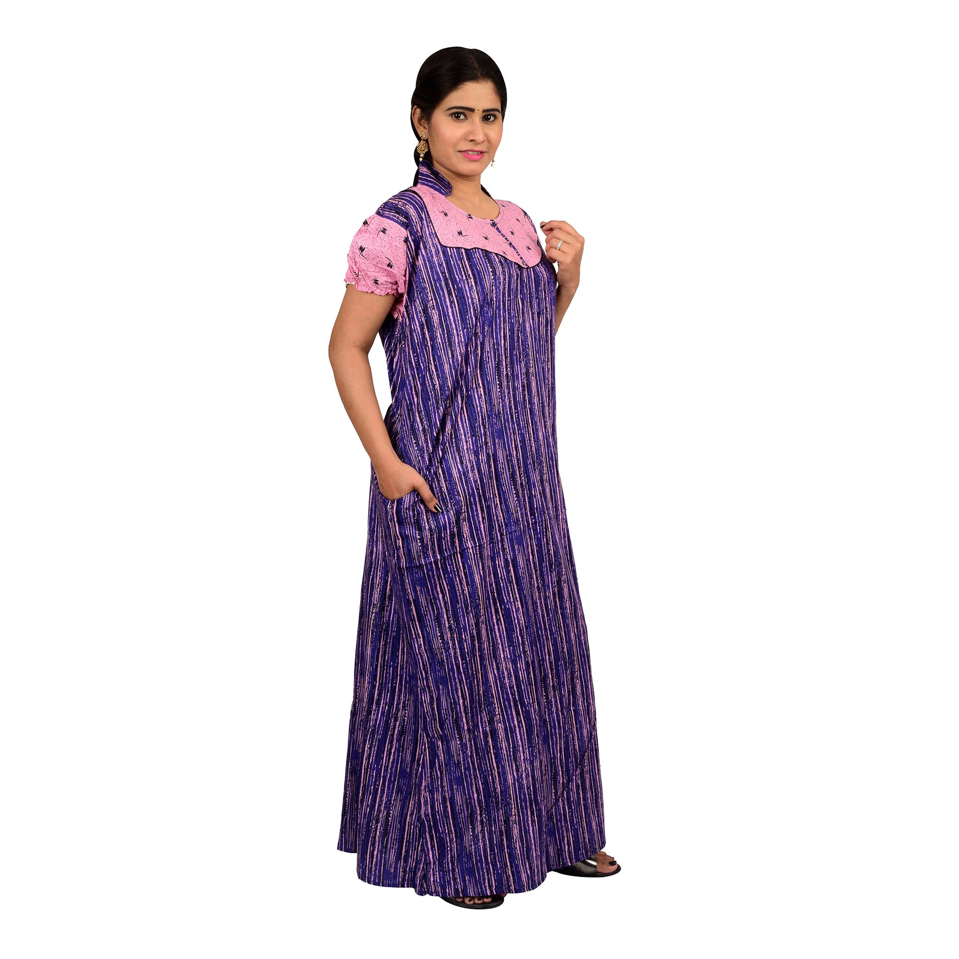 Printed Cotton Nighty For Women - Pink