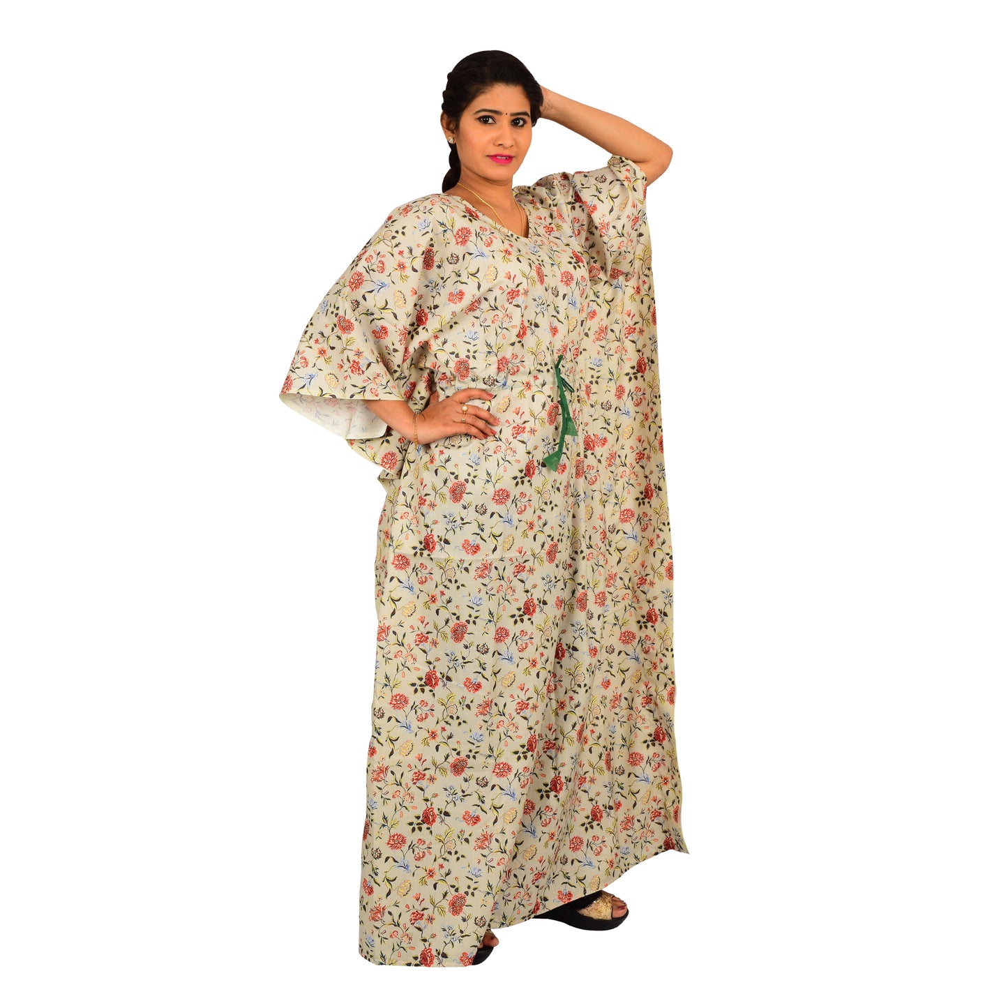 Digital Printed Cotton Blend Kaftan For Women - Green
