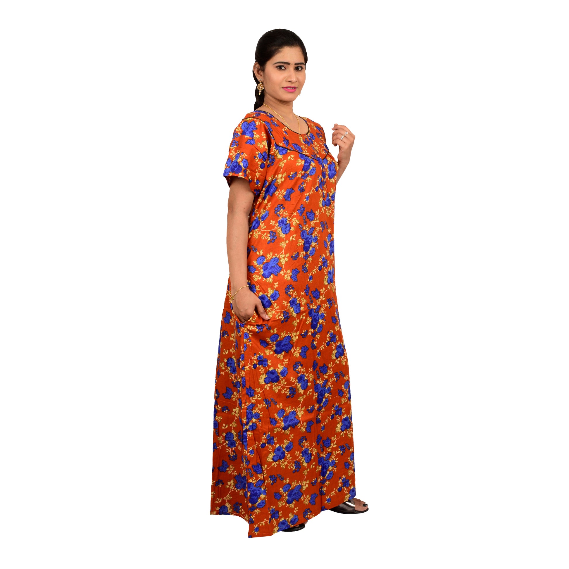 Printed Cotton Nighty For Women - Orange