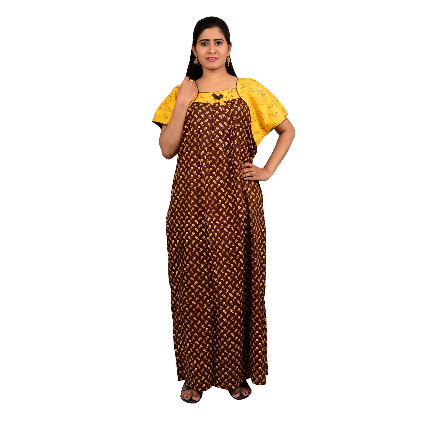 Printed Cotton Nighty For Women - Yellow