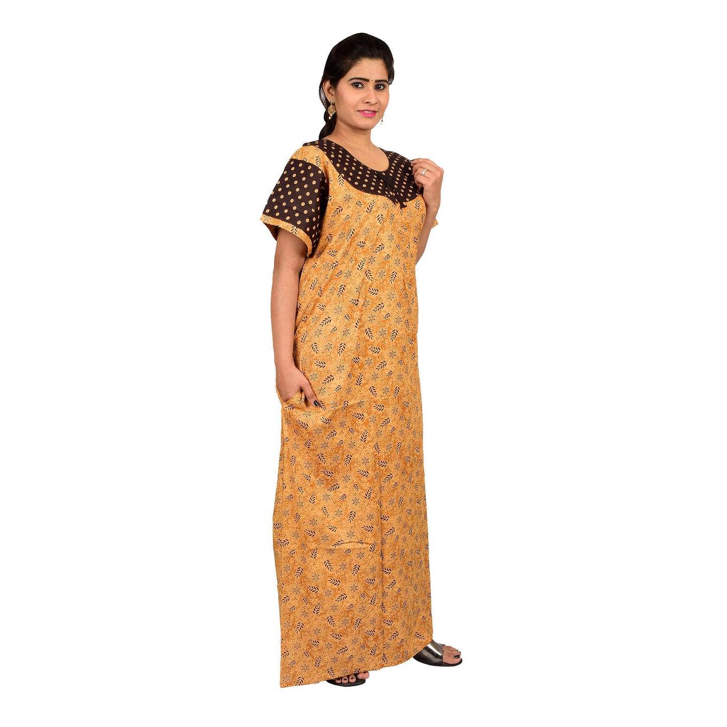 Printed Cotton Nighty For Women - Brown