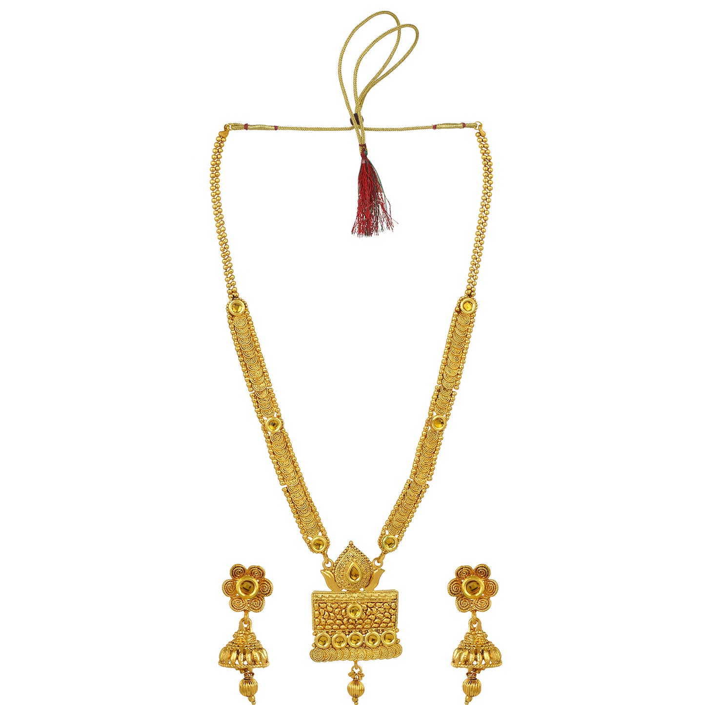 Gold Plated Traditional Long Kundan Necklace and Jhumki Earrings Fashion Jewelry Set for Women and Girls