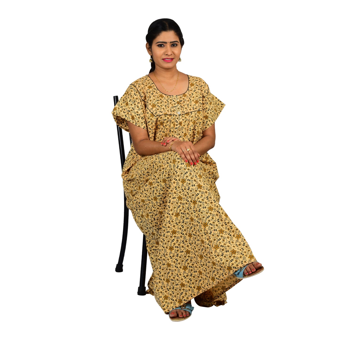 Printed Cotton Nighty For Women - Brown