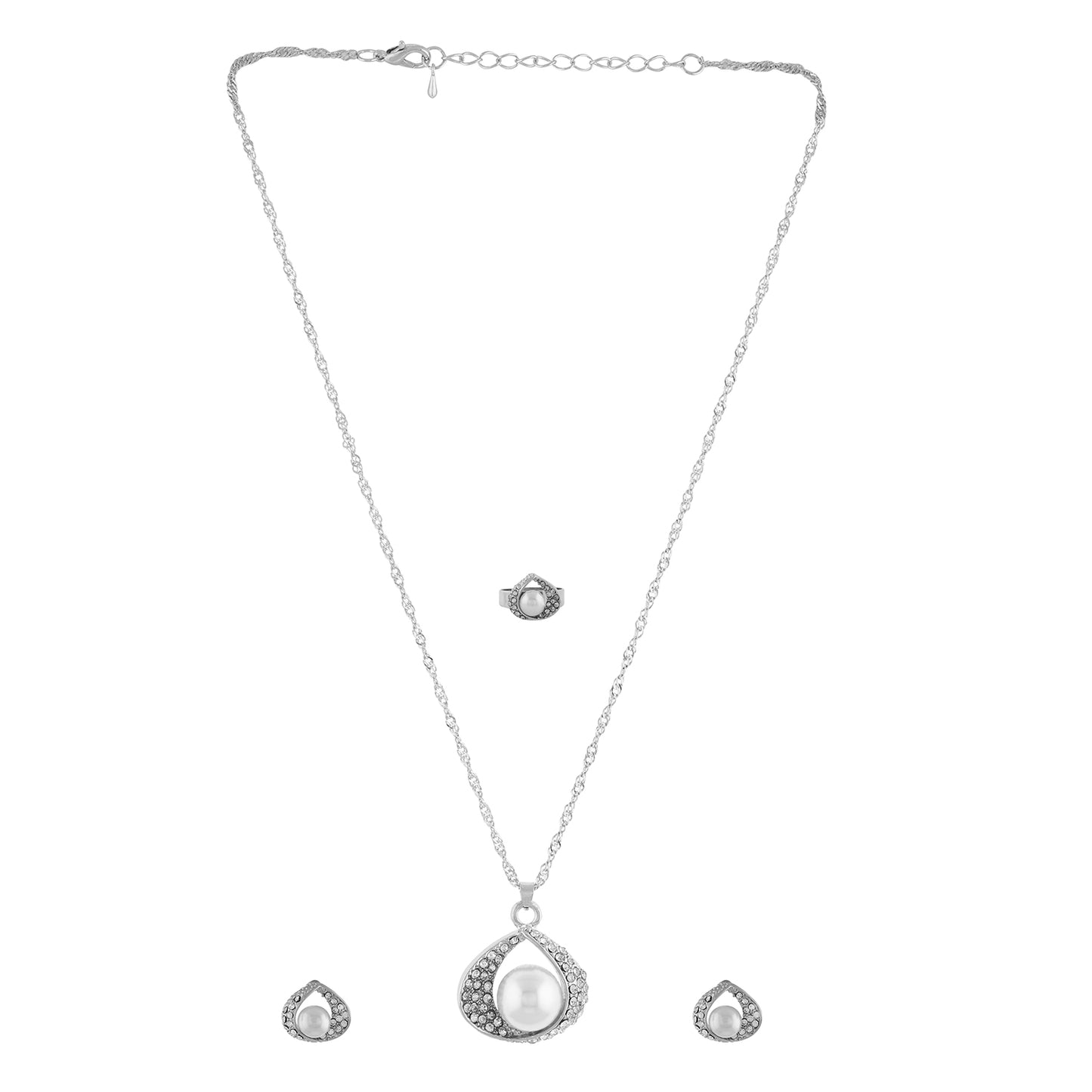 Silver Matinee  Pendant Set  With Hangings & Ring For Girls and Women