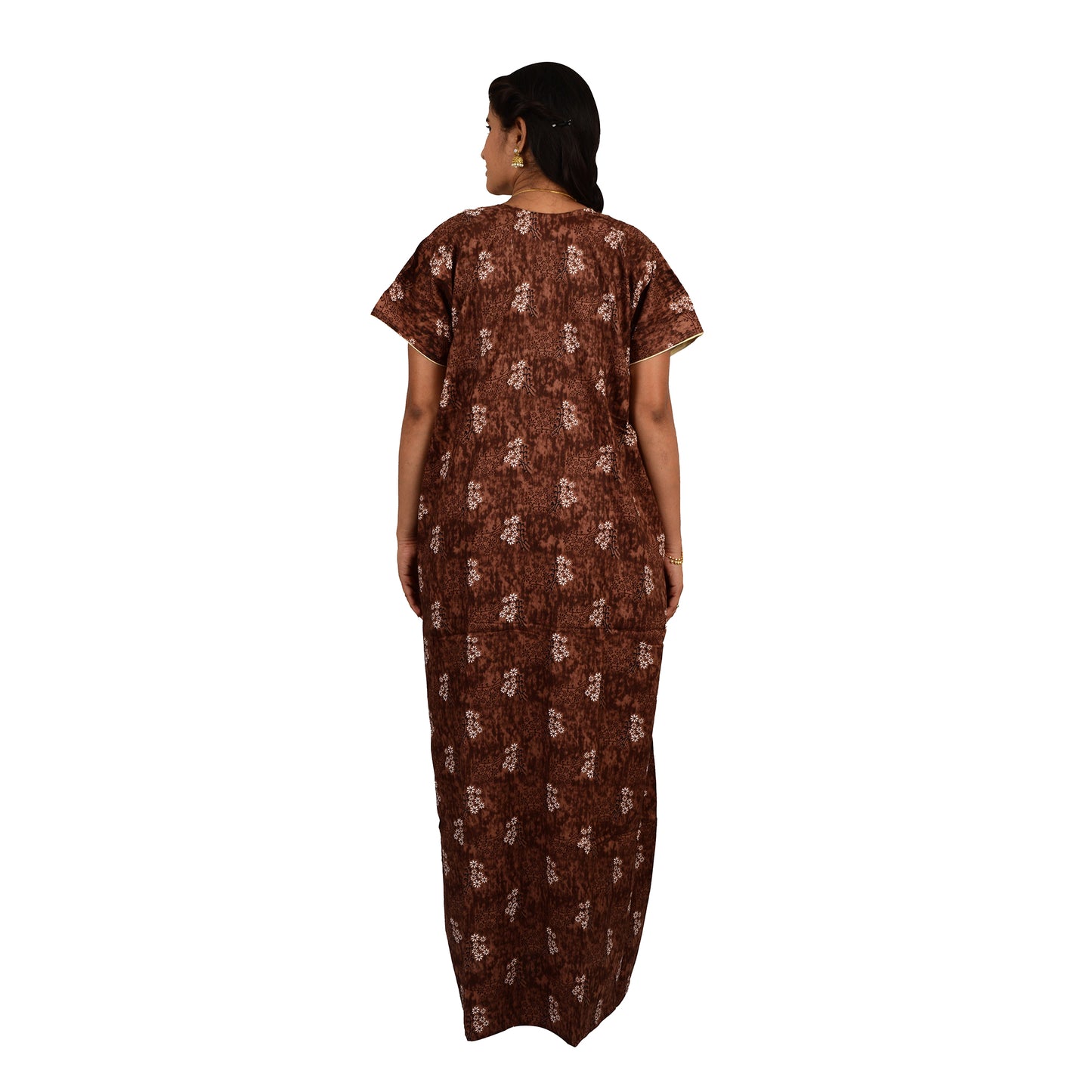 Embroidery Printed Cotton Nighty For Women - Brown