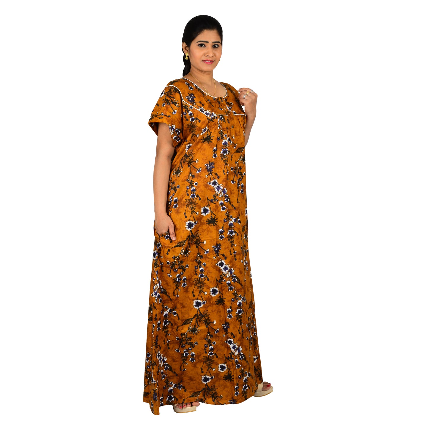 Printed Cotton Nighty For Women - Orange