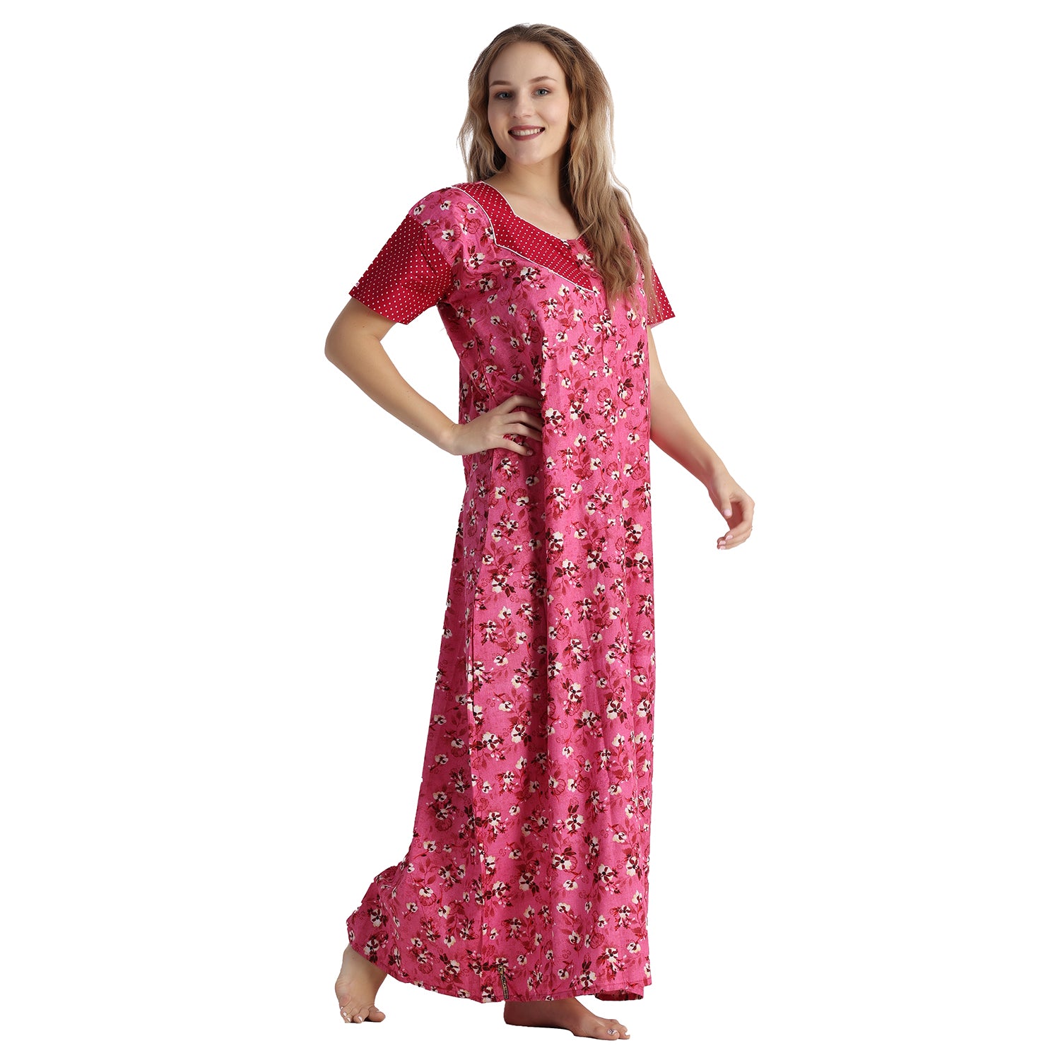 Printed Cotton Nighty For Women - Pink