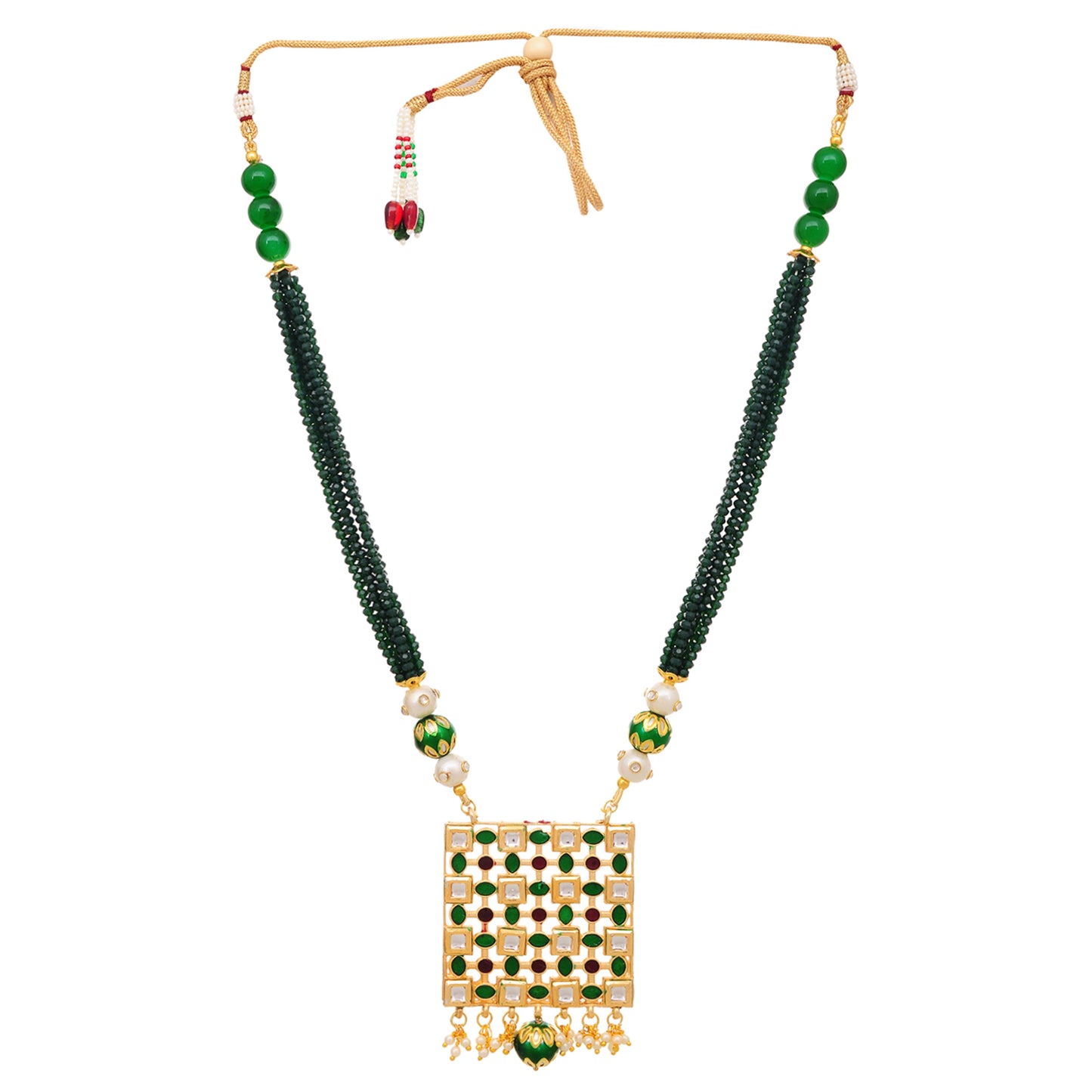 Gold Plated Enameled Kundan Meenakari Beaded Necklace with Earrings Set for Women (Green)