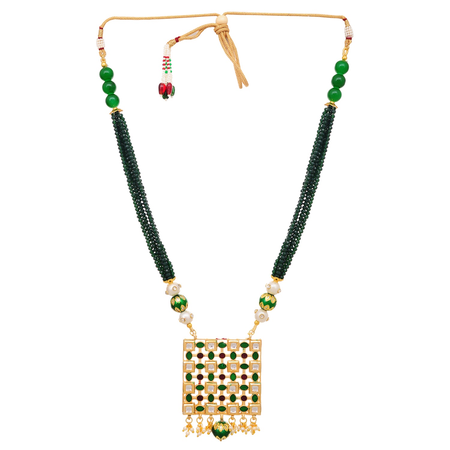 Gold Plated Enameled Kundan Meenakari Beaded Necklace with Earrings Set for Women (Green)