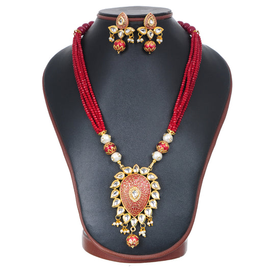 Gold Plated Enameled Kundan Meenakari Beaded Necklace with Earrings Set for Women (Red)