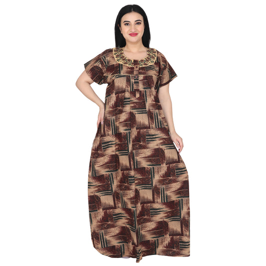 Embroidery Printed Cotton Nighty For Women - Yellow