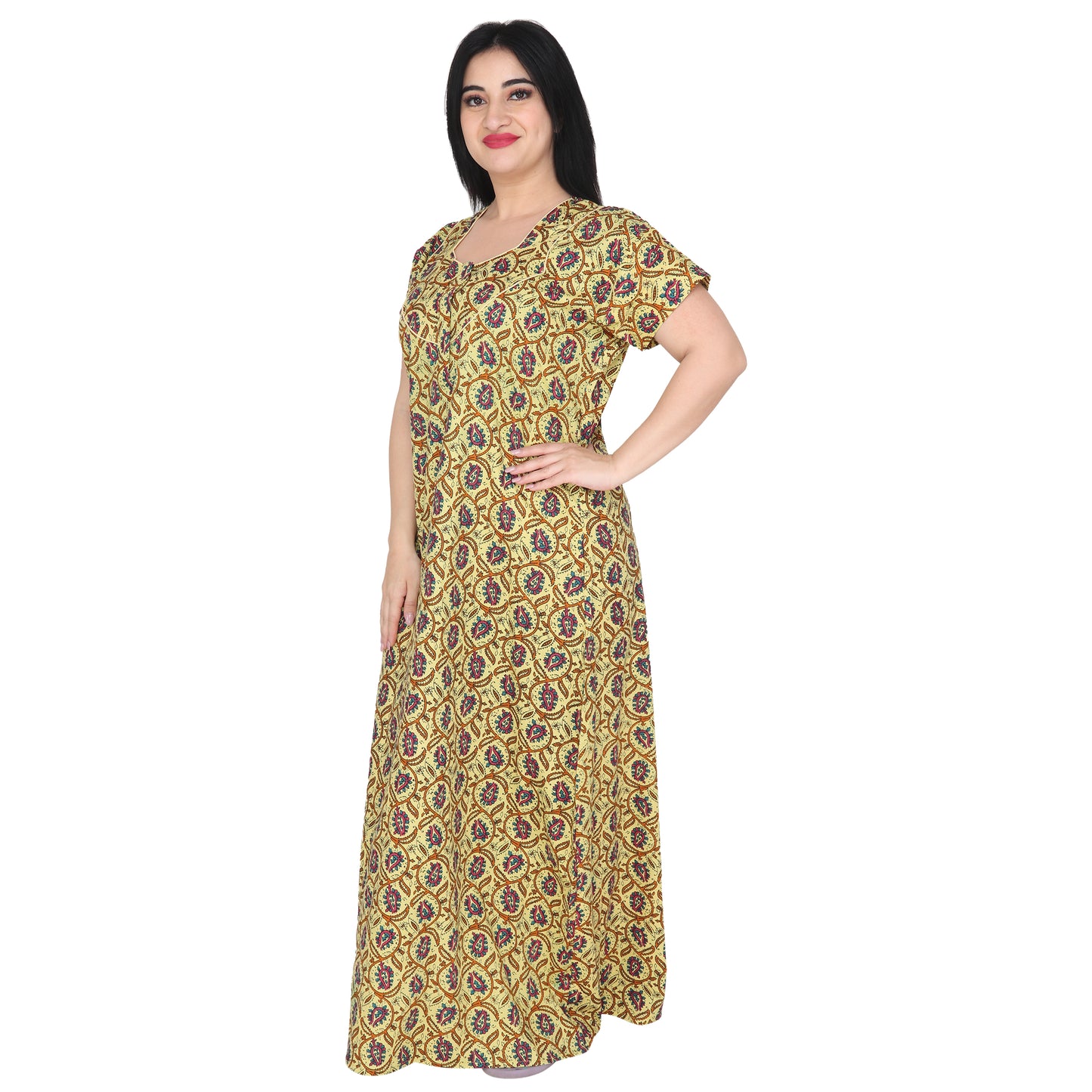Printed Cotton Nighty For Women - Yellow