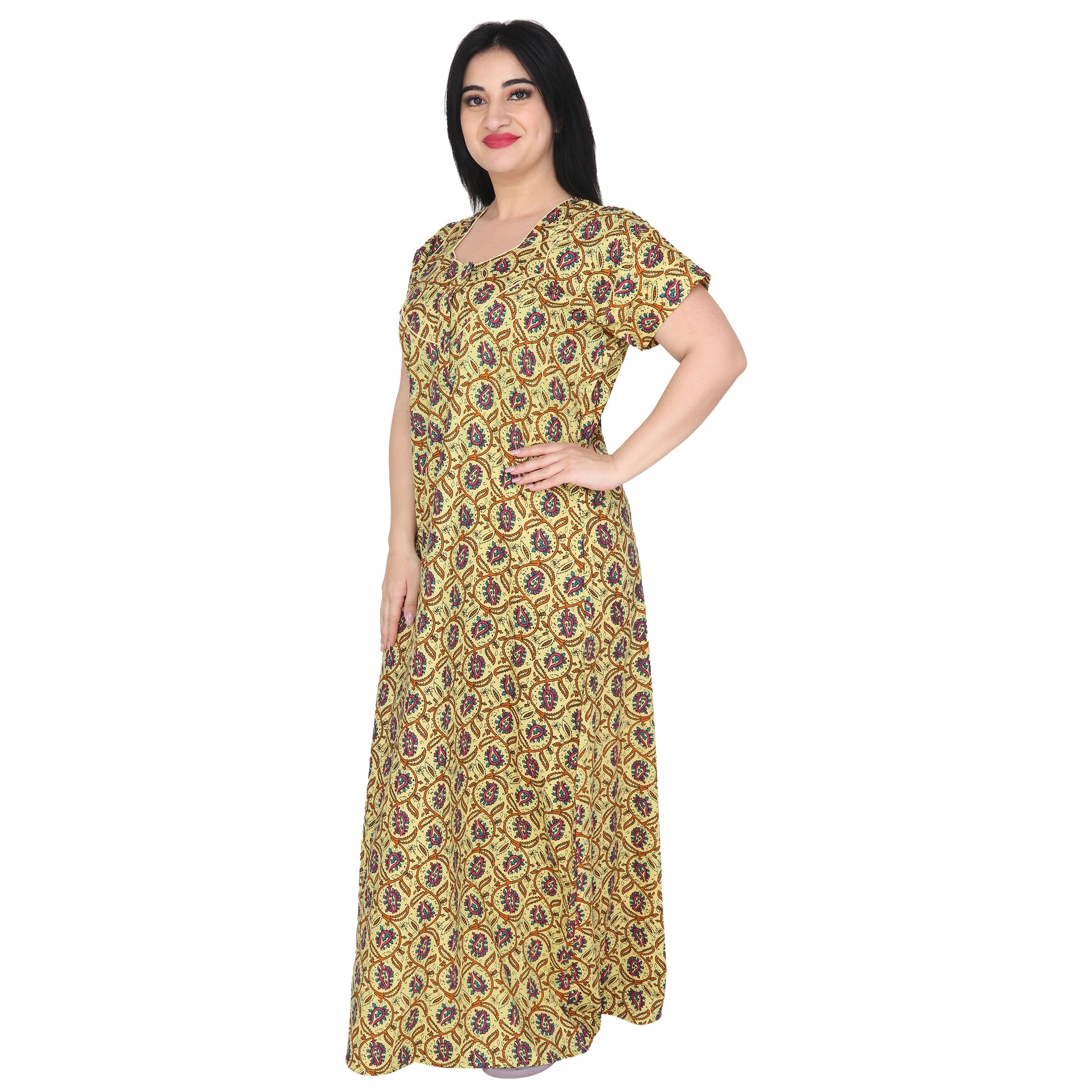 Printed Cotton Nighty For Women - Yellow
