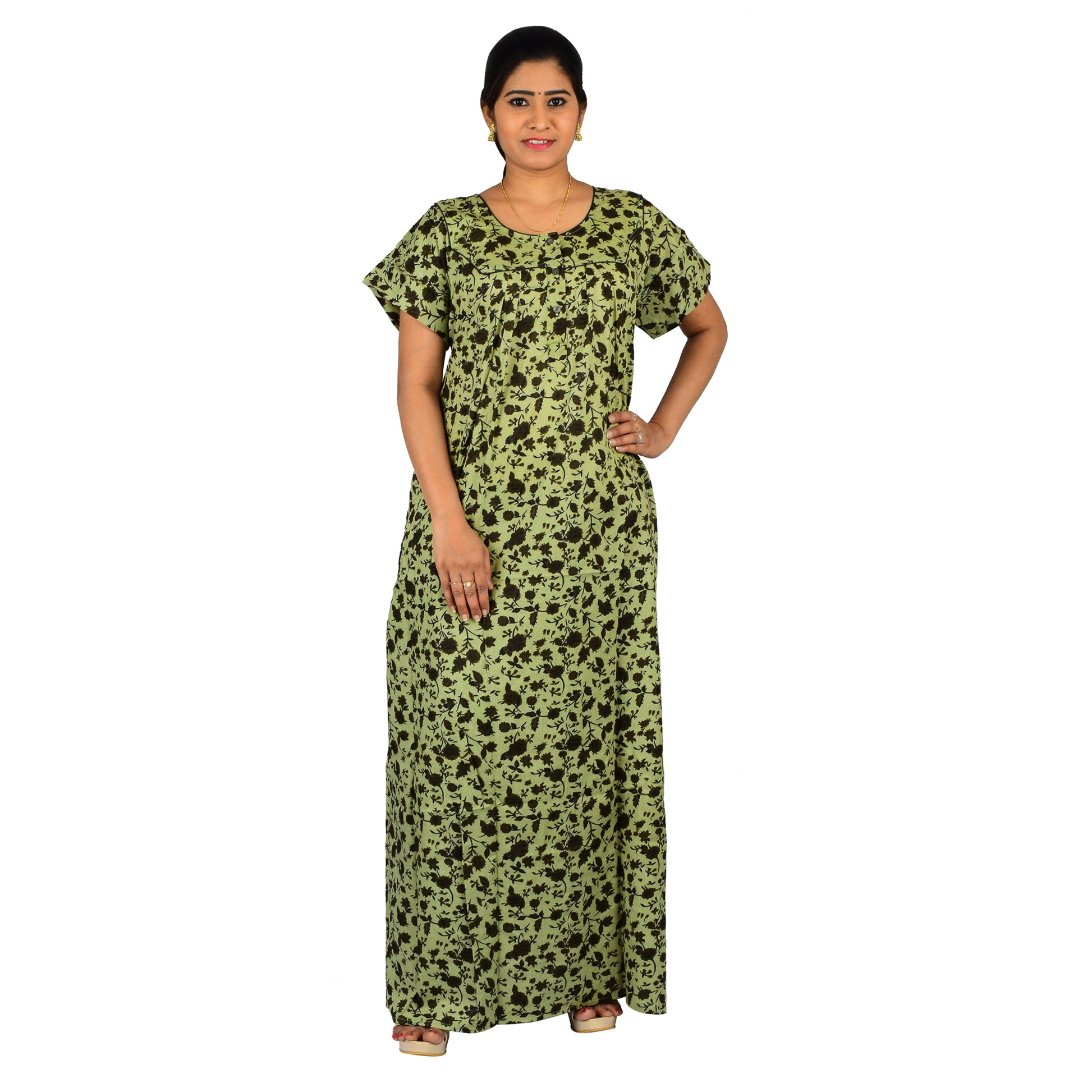 Printed Cotton Nighty For Women - Green