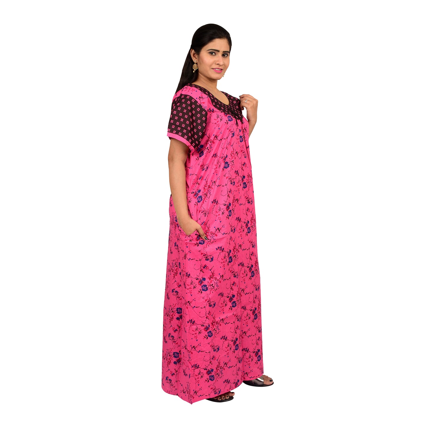 Printed Cotton Nighty For Women - Pink