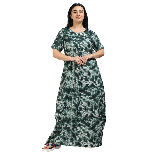 Printed Cotton Nighty For Women - Green