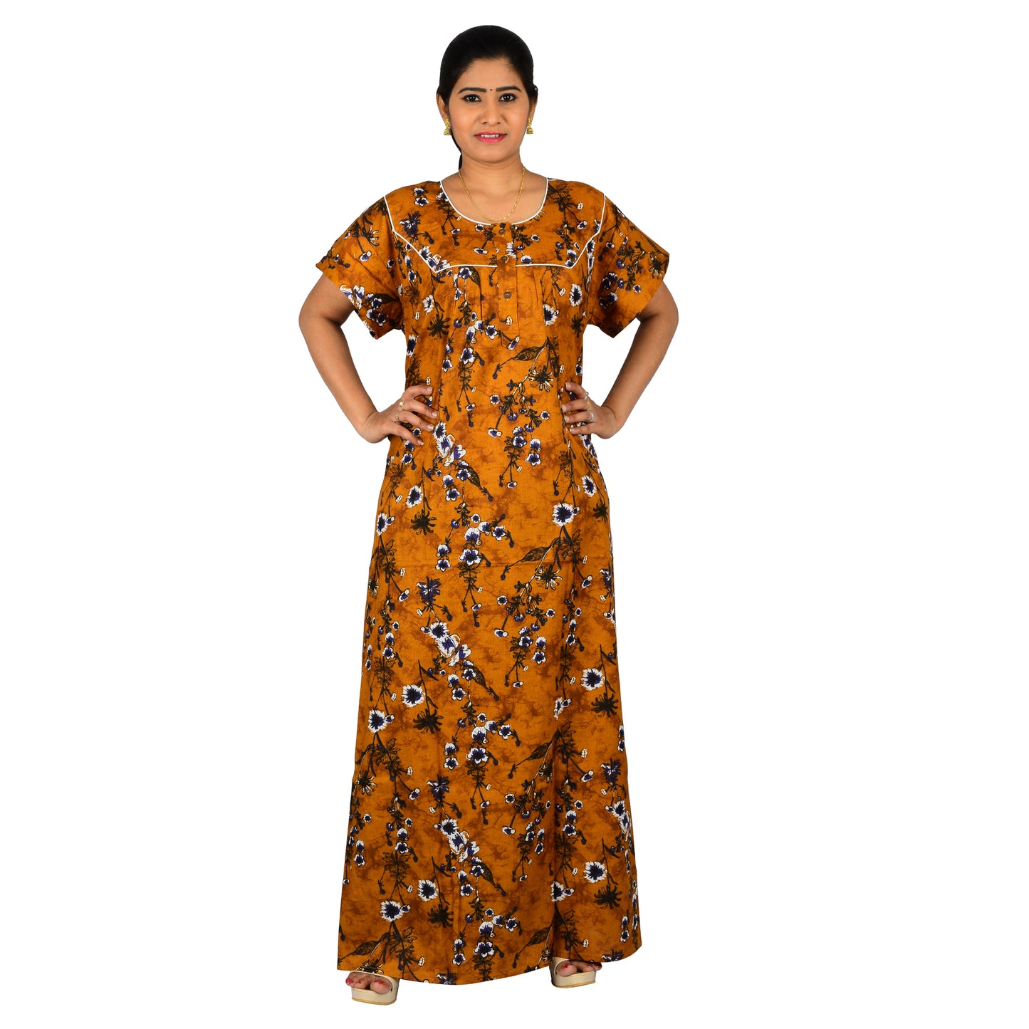 Printed Cotton Nighty For Women - Orange