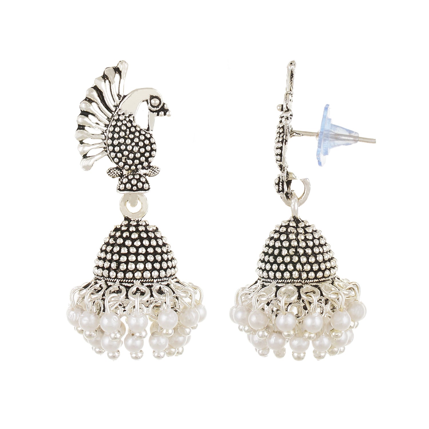 Silver plated Pearl Mayur Stud Jhumki Earrings Fashion Imitaion Jewelry for Girls and Women