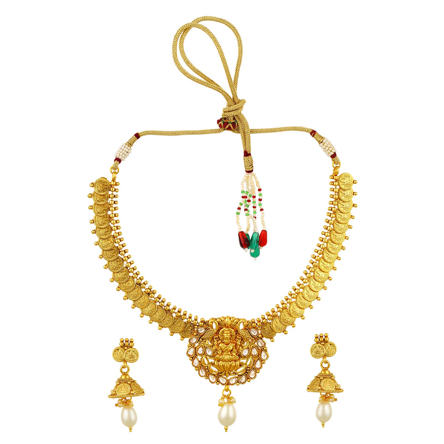 Gold Plated Goddess Lakshmi Coin Design Necklace Earrings Jhumki Jewelry Set for Women