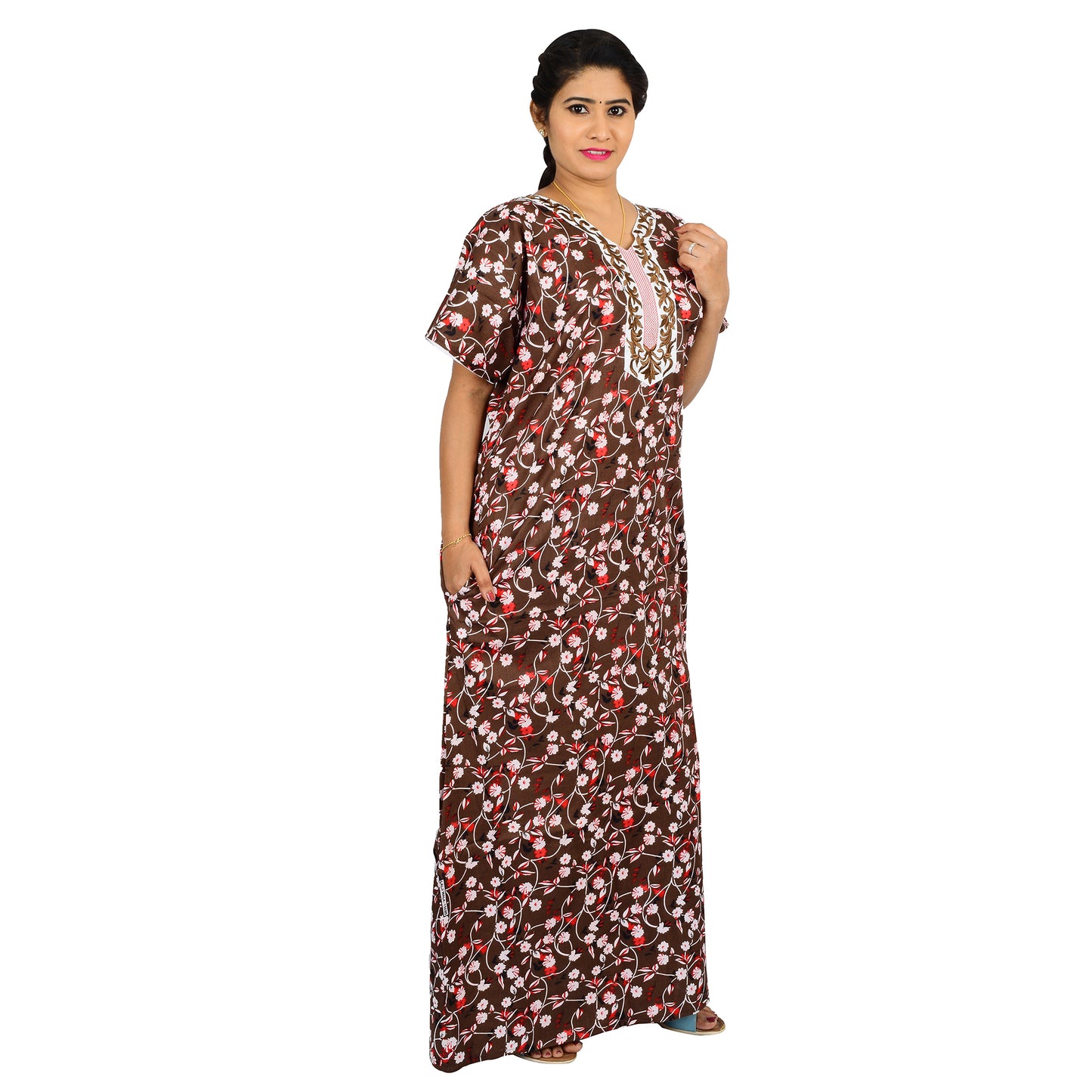 Printed Cotton Nighty For Women - Brown