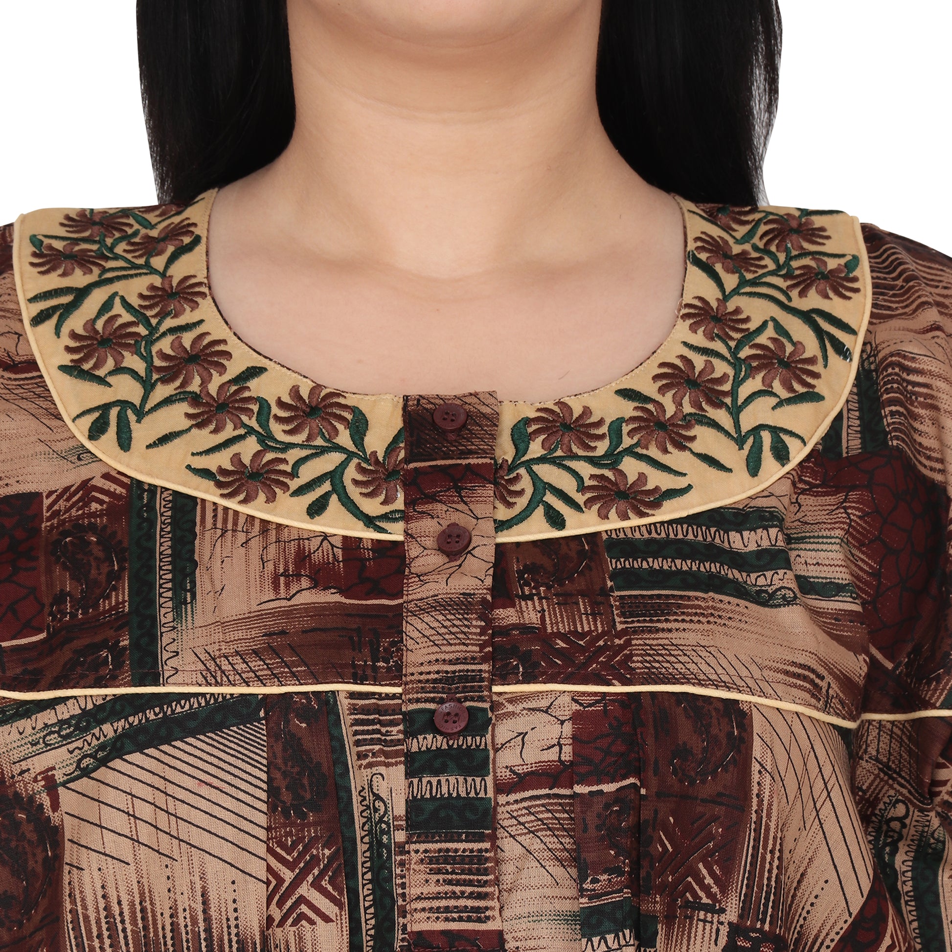 Embroidery Printed Cotton Nighty For Women - Yellow