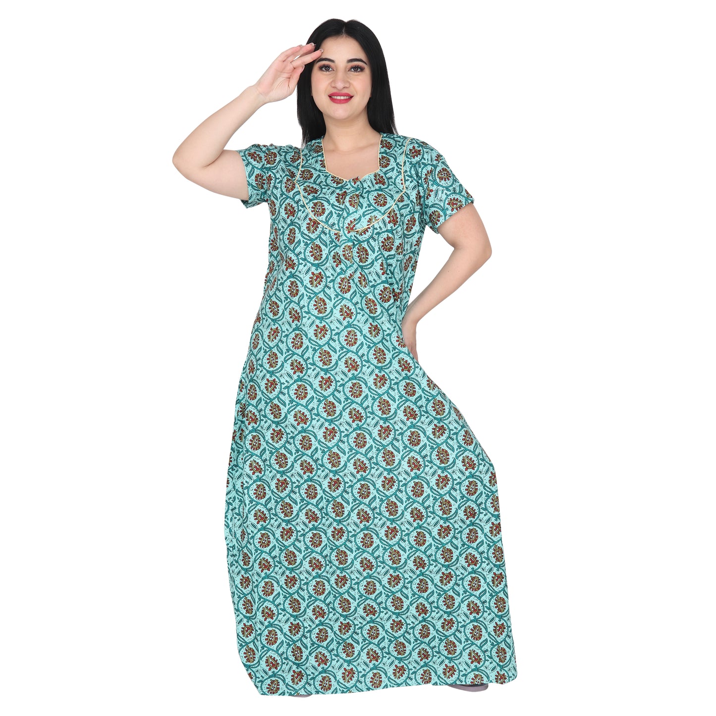 Printed Cotton Nighty For Women - Green
