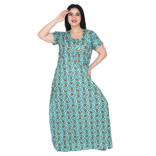 Printed Cotton Nighty For Women - Green