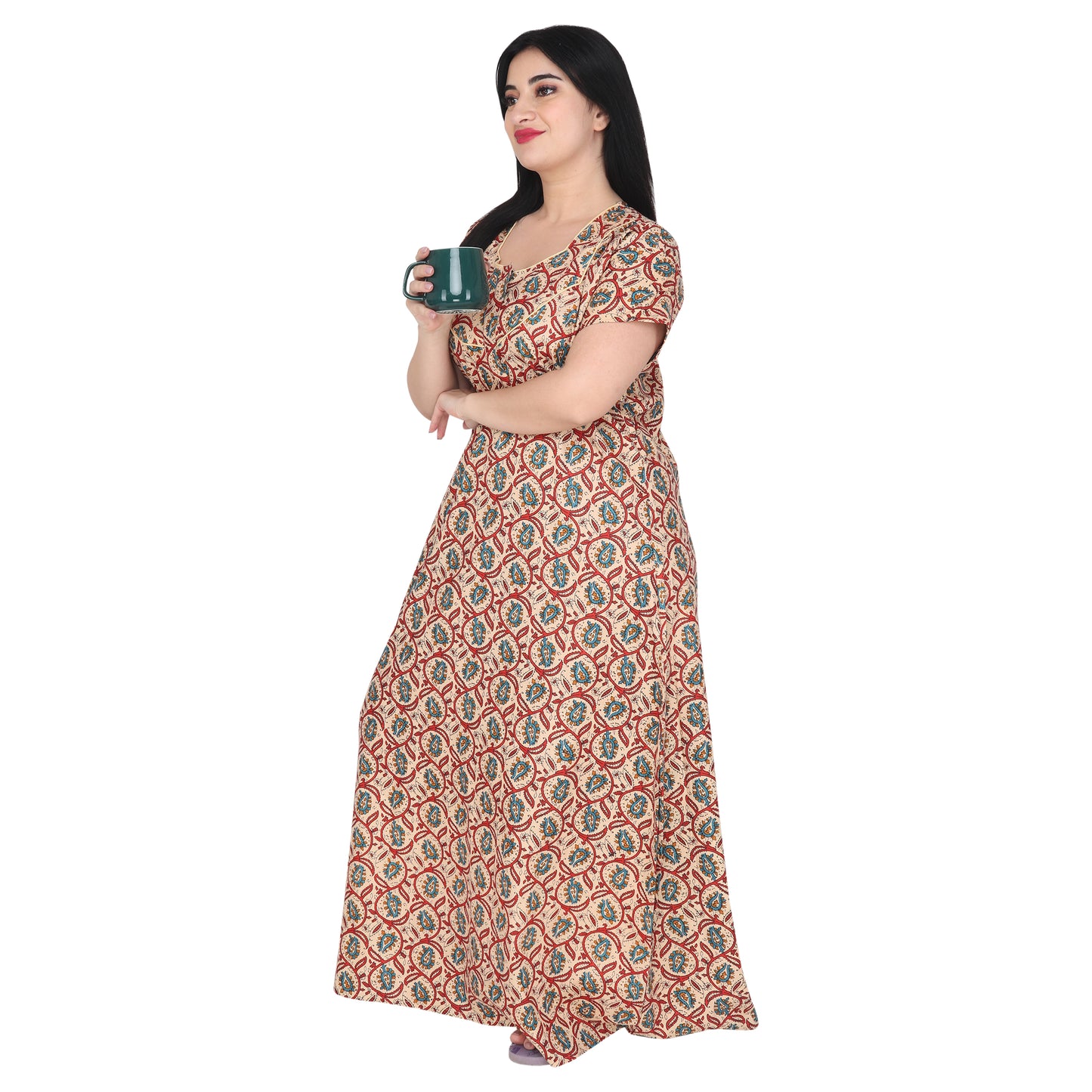 Printed Cotton Nighty For Women - Brown