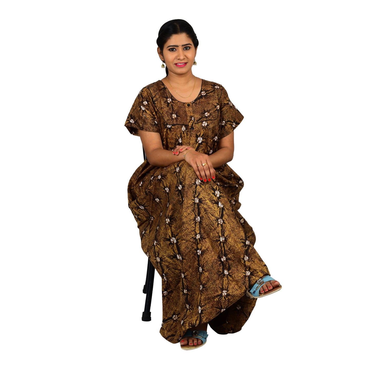 Printed Cotton Nighty For Women - Brown