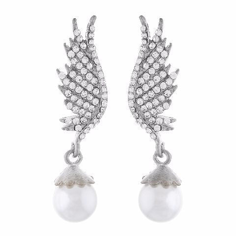 Silver colour Peacock feather shape Pearl Earring