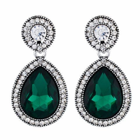 Green and Oxide Silver colour Drop shaped shape Stone Studded Earring