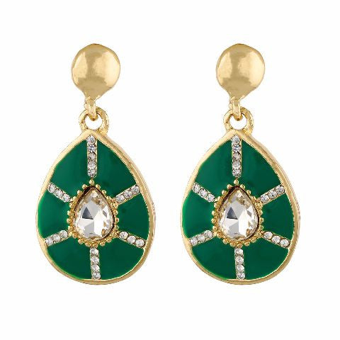 Green and Gold colour Drop shape Enamel Earring