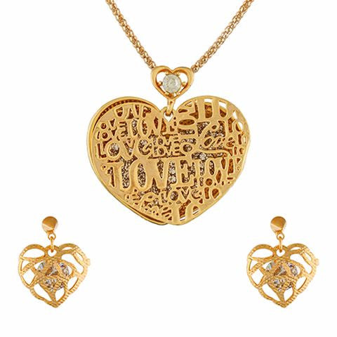 Lovely Gold Colour Heart Shape Pendant with Chain and Earrings for