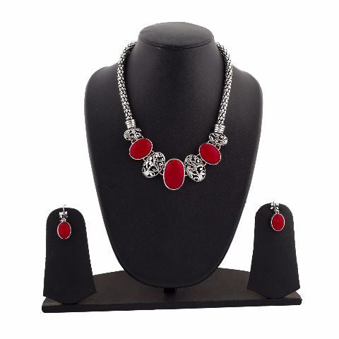 Sivler and Red colour Indo Western design Necklace Set