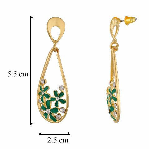 Green and Gold colour Flower and drop shape Enamel Earring